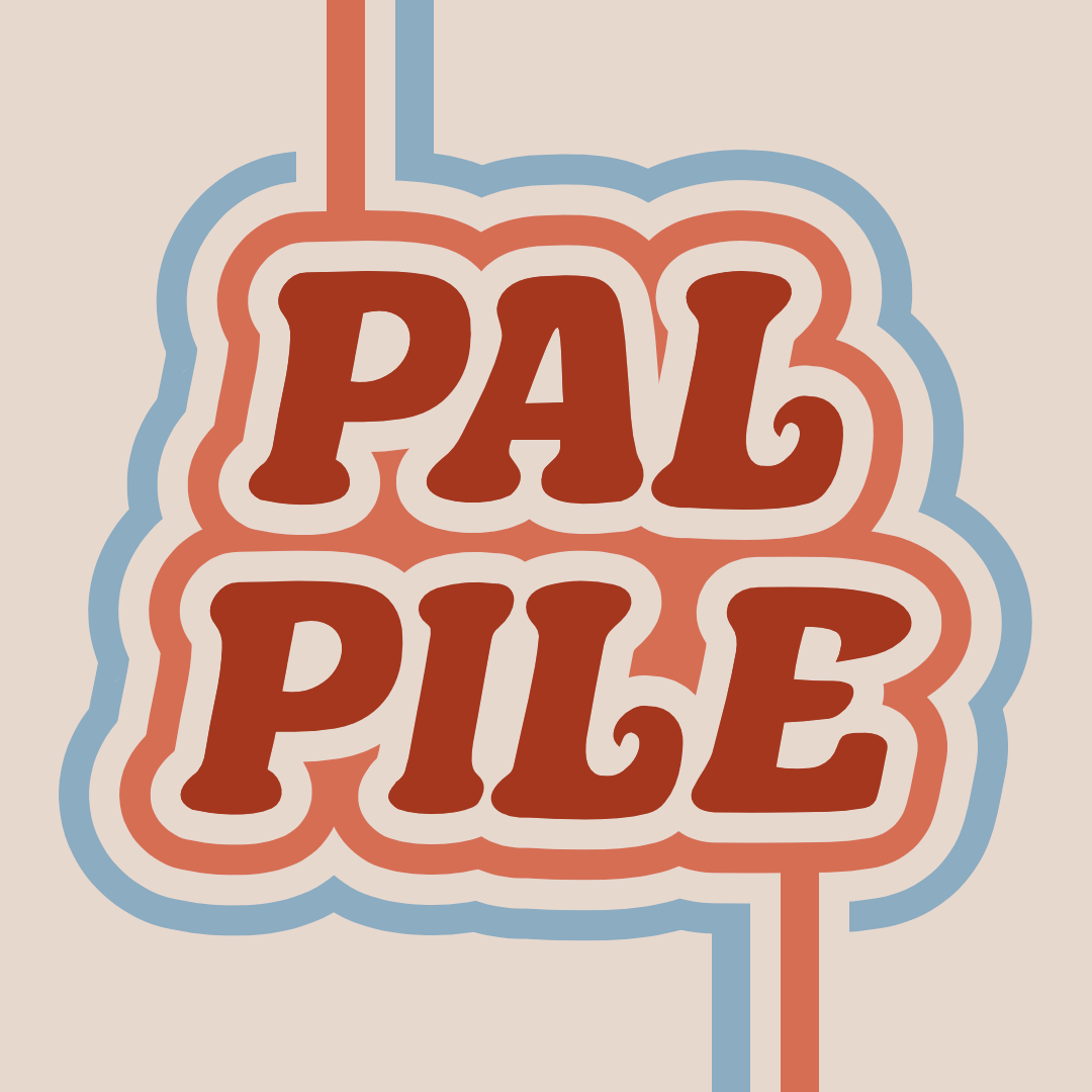 A dark orange logo with light orange and bright blue outlines. The logo reads 'PAL PILE' in a vintage 1970s styled font.